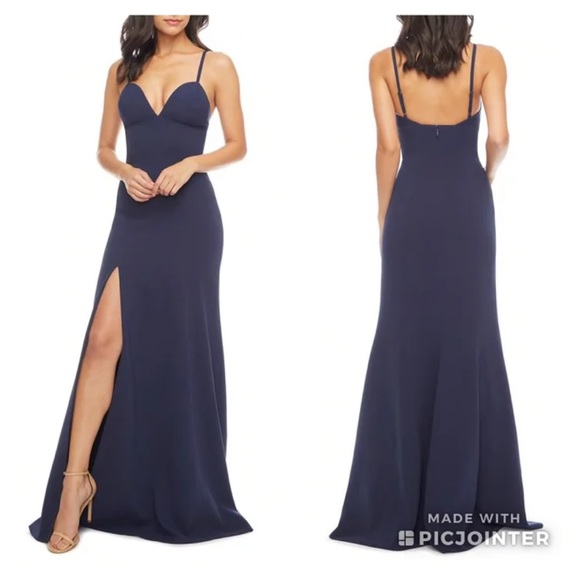 Dress the Population Alejandra Sweetheart Sleeveless Long Dress w/ Slit Navy M - Picture 1 of 10